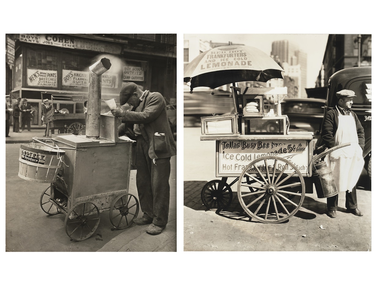 Hot Dog Stand, West Street and North Moore Streets and Roast Corn Man, Orchard and Hester Streets, Manhattan by Berenice Abbott