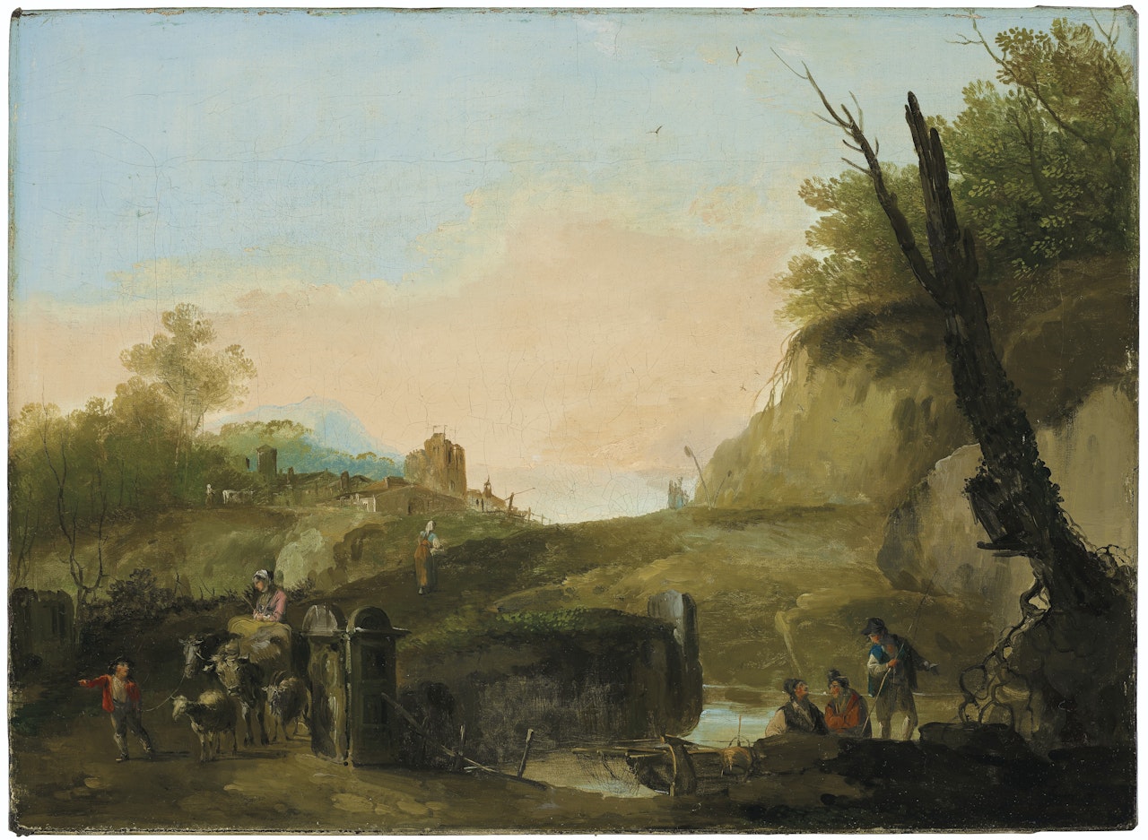 An Italianate landscape with fishermen, cattle and goat herders, a village beyond by Giuseppe Bernardino Bison