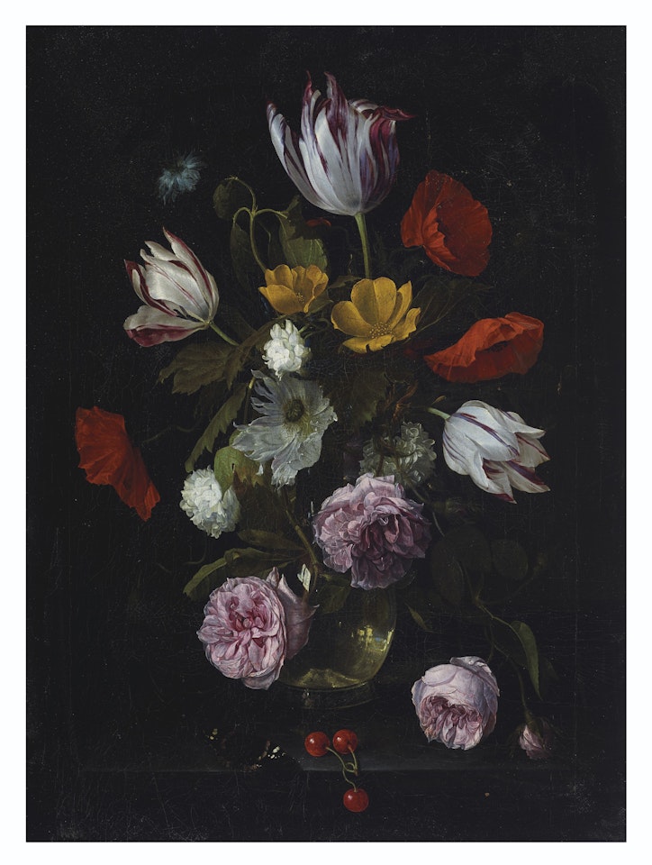 Roses, tulips, poppies and other flowers in a glass vase with cherries and a butterfly on a stone ledge by Dutch School