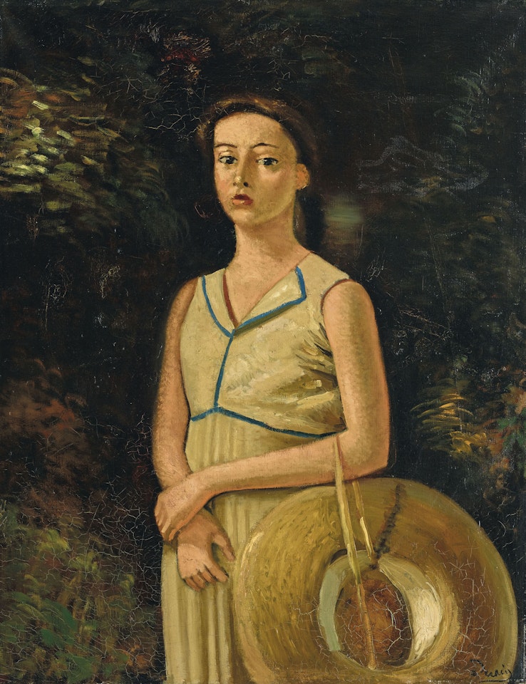 Portrait de Geneviève tenant un chapeau de paille, nièce du peintre by Andre Derain