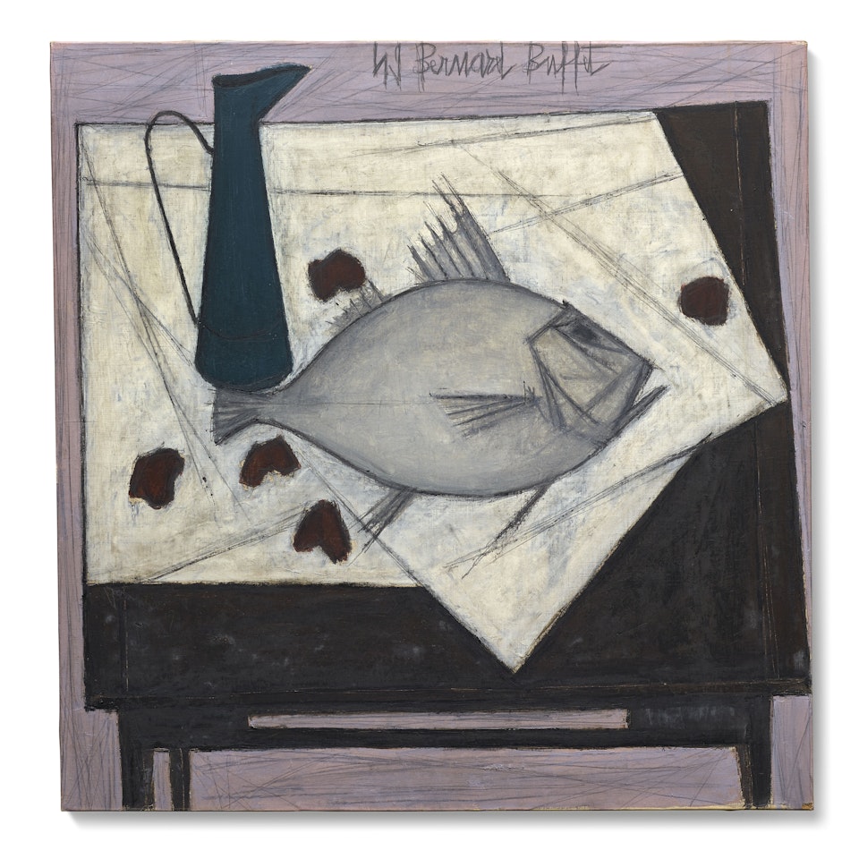 Broc et poisson sur une table by Bernard Buffet