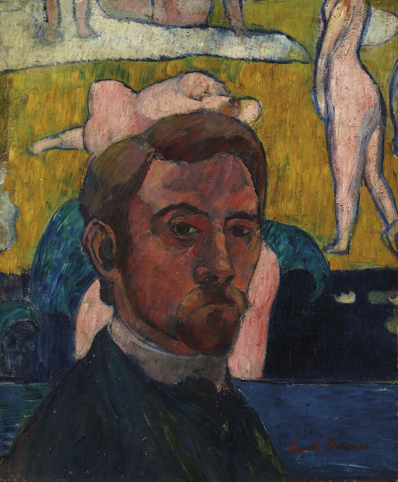Autoportrait au tableau "Baigneuses à la vache rouge" ou Autoportrait aux nus by Emile Bernard
