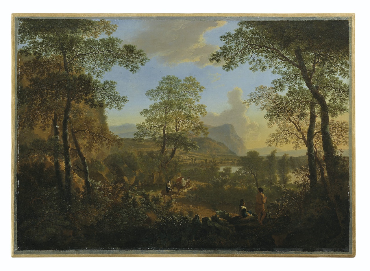 An Italianate landscape with travelers on a path by Jan Both