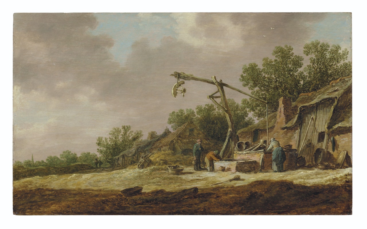 A village landscape with figures at a well by Jan van Goyen