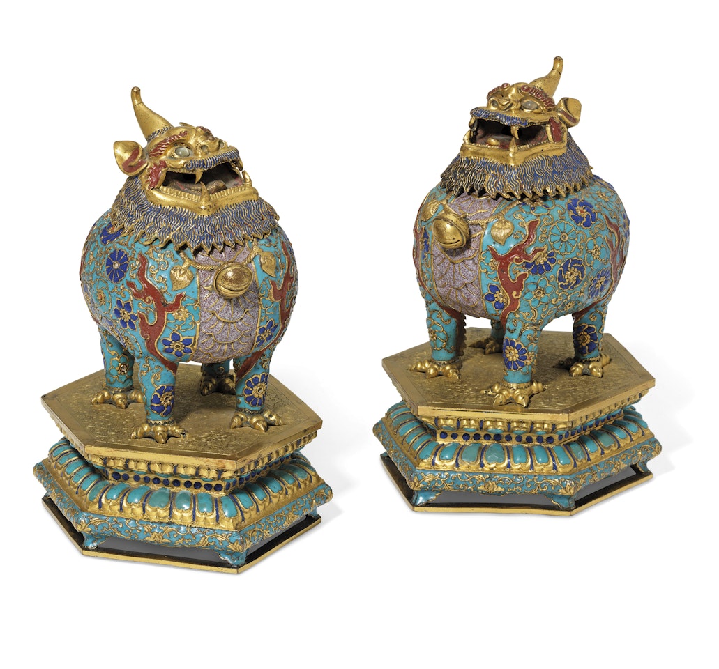 A RARE PAIR OF CHAMPLEVÉ ENAMEL 'LUDUAN'  CENSERS AND COVERS by Anonymous