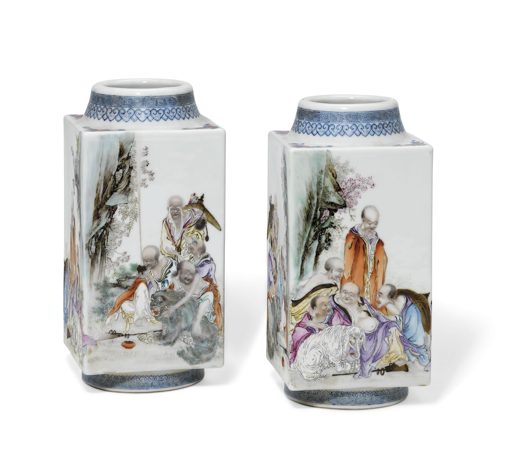 A PAIR OF RECTANGULAR FAMILLE ROSE 'EIGHTEEN LUOHAN' VASES by Anonymous