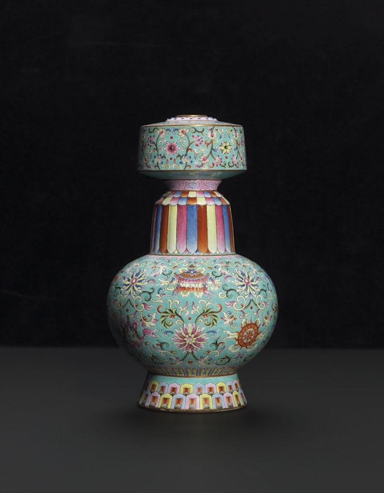 A FAMILLE ROSE TURQUOISE-GROUND TIBETAN-STYLE VASE, BENBAPING by Anonymous