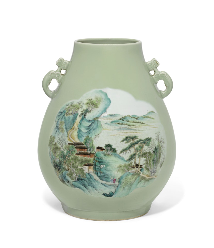 A LARGE FAMILLE ROSE CELADON-GROUND HU-FORM 'LANDSCAPE' VASE by Anonymous