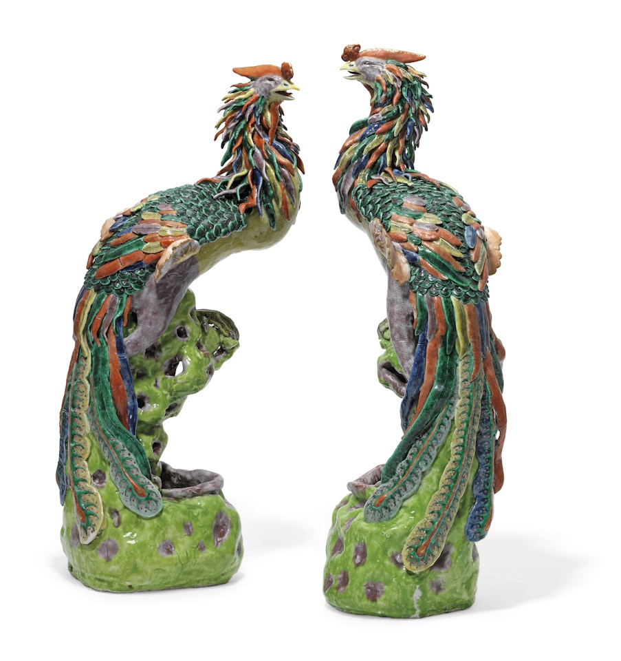 A PAIR OF LARGE FAMILLE ROSE FIGURES OF PHOENIXES by Anonymous