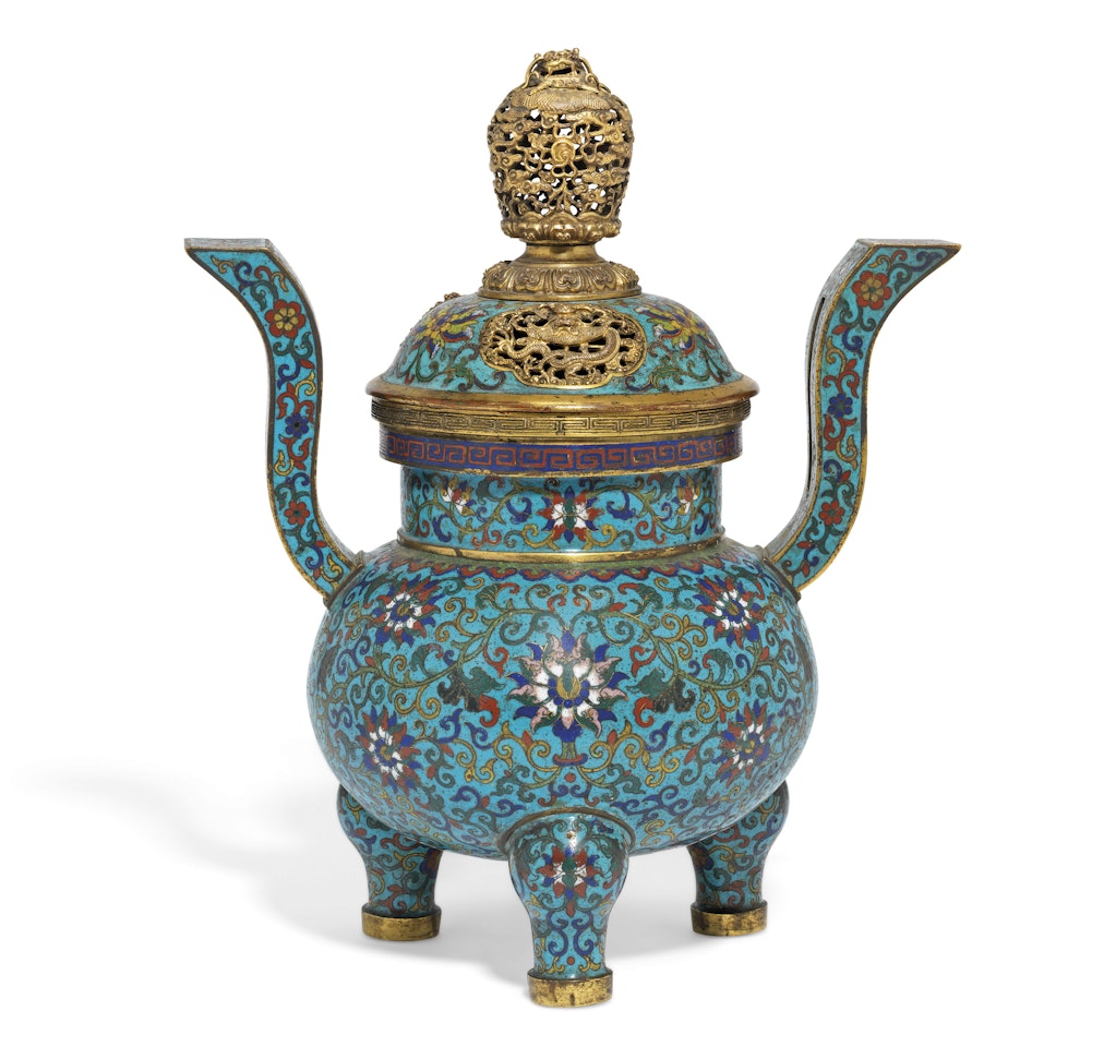 A CLOISONNÉ ENAMEL TRIPOD CENSER AND COVER by Anonymous