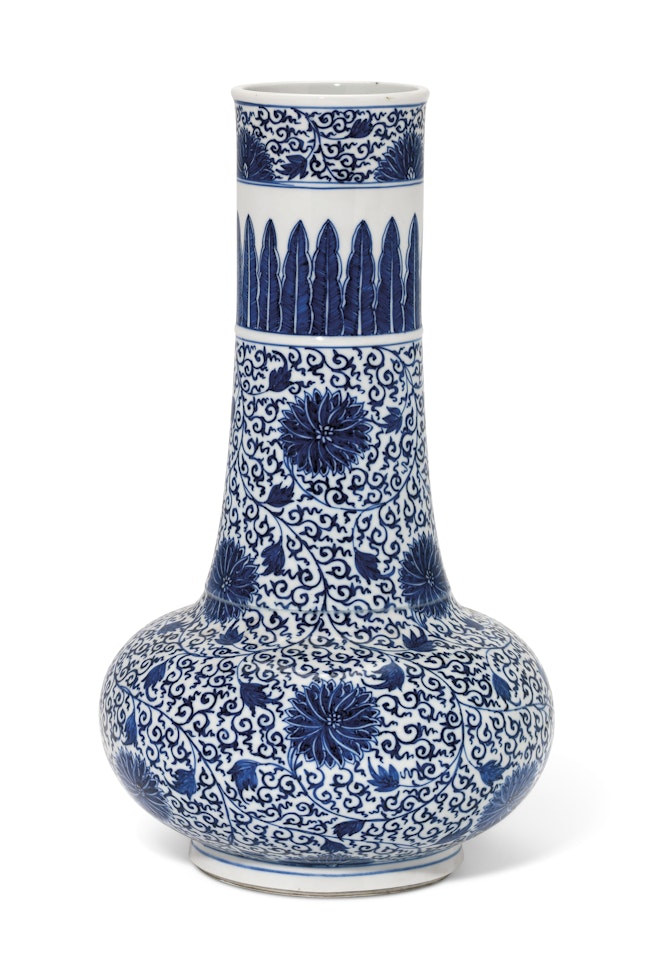 A LARGE BLUE AND WHITE 'LOTUS' BOTTLE VASE by Anonymous