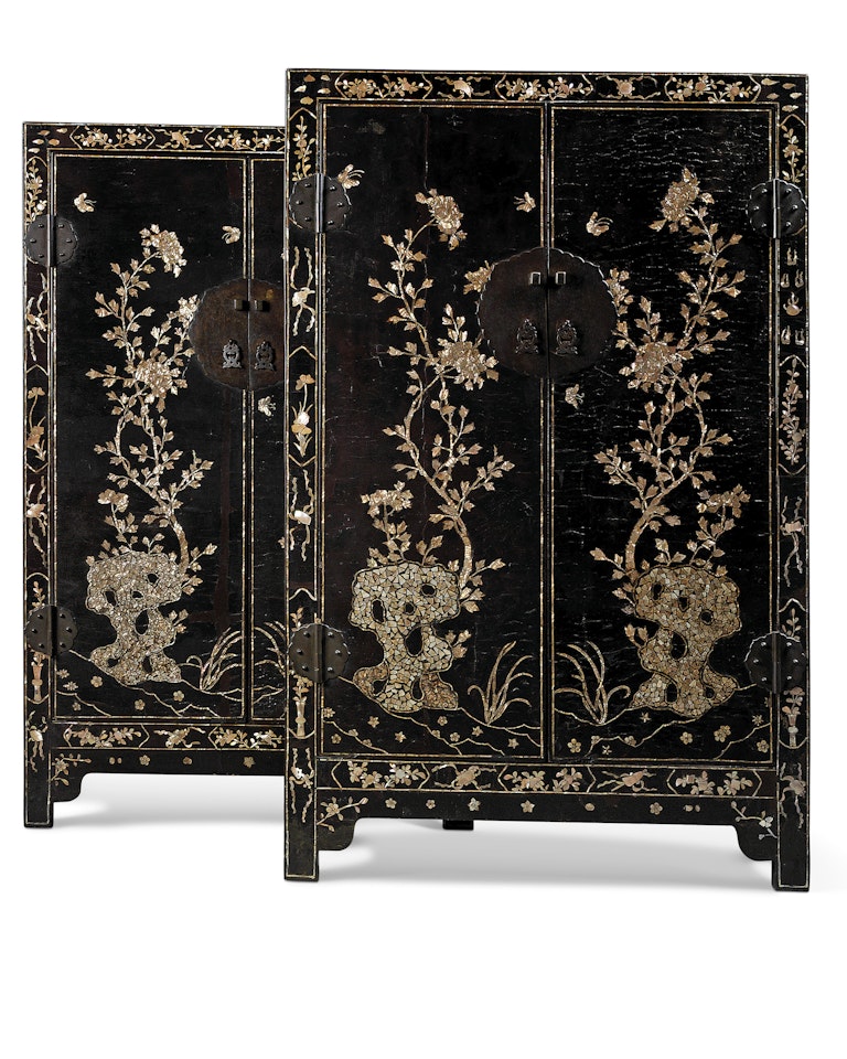 A PAIR OF RARE LARGE MOTHER-OF-PEARL-INLAID LACQUER CABINETS by Anonymous