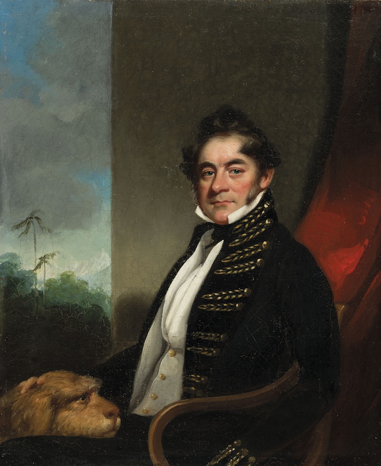 Captain Christopher Biden seated, small three-quarter length with his dog Hector by George Chinnery