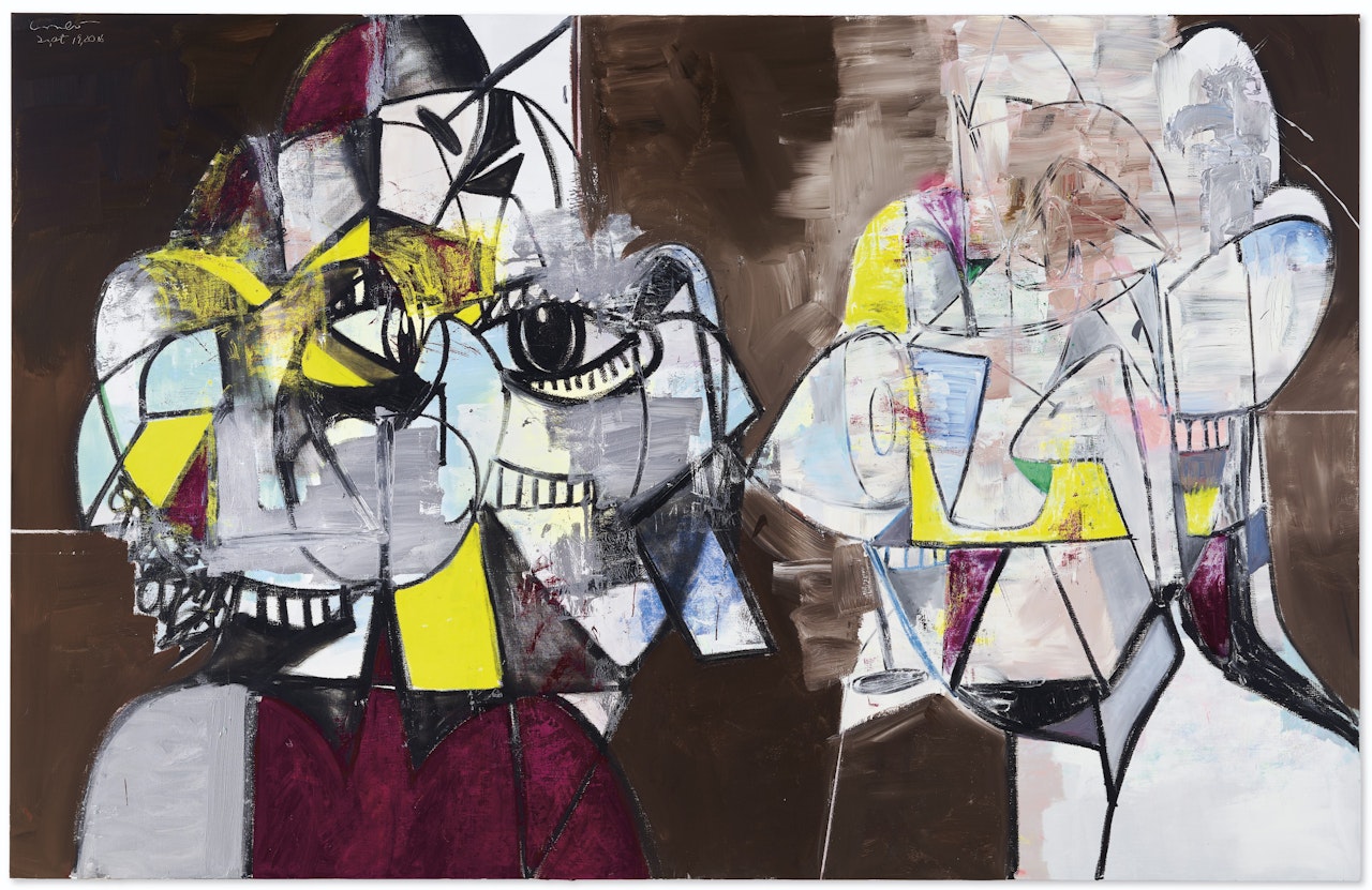 Silver and Yellow Double Head Composition. by George Condo