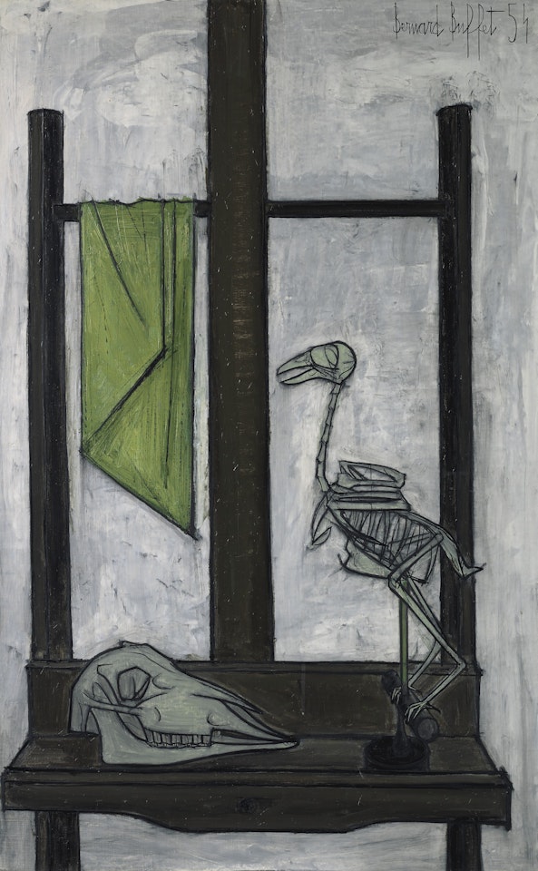 Crâne et squelette d'oiseau sur un chevalet by Bernard Buffet