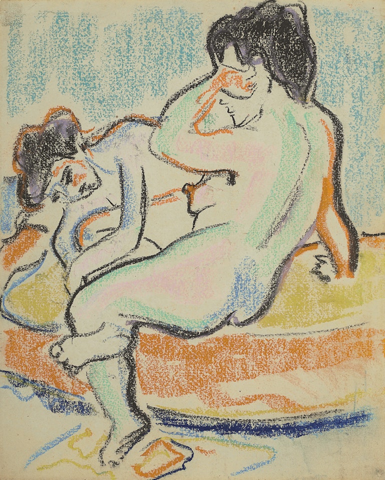 Sitzender und liegender Akt auf Bett by Ernst Ludwig Kirchner
