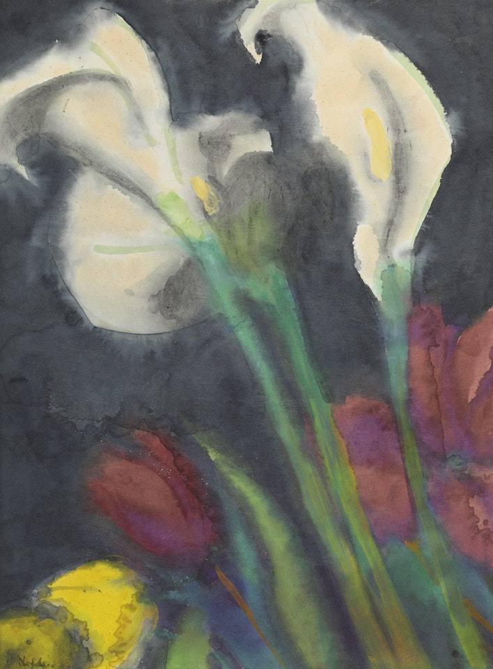 Weisse calla, Dunkelrote tulpen by Emil Nolde