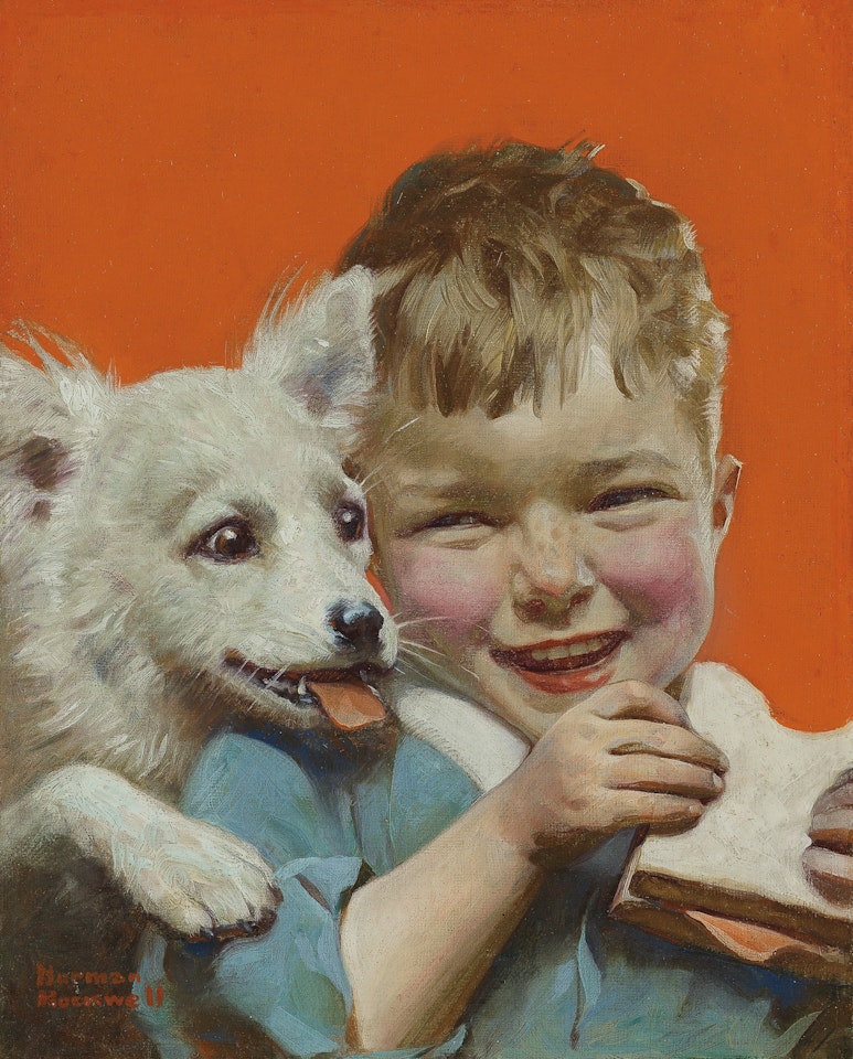 Laughing Boy with Sandwich and Puppy (Hungry Buddies) by Norman Rockwell