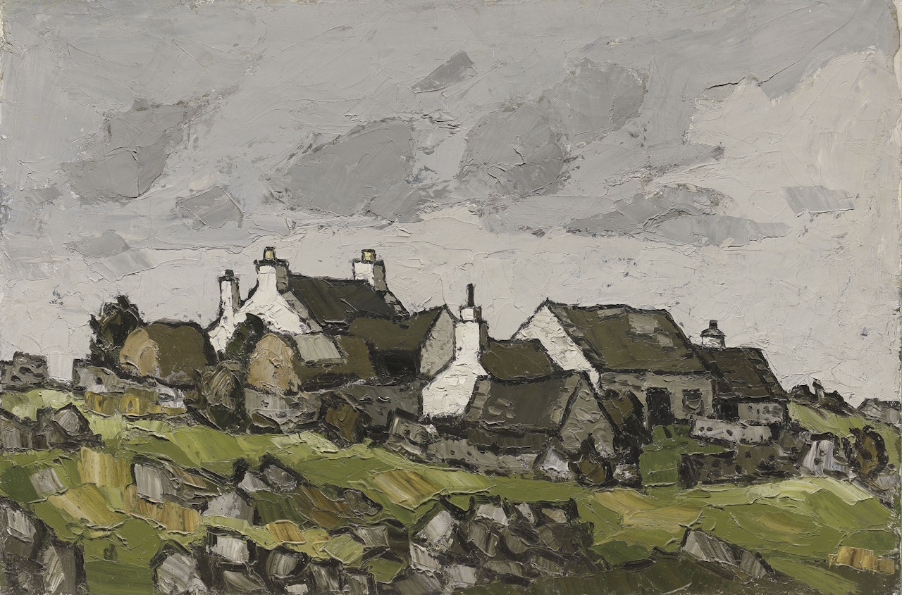 Cottages in a Welsh landscape by Kyffin Williams