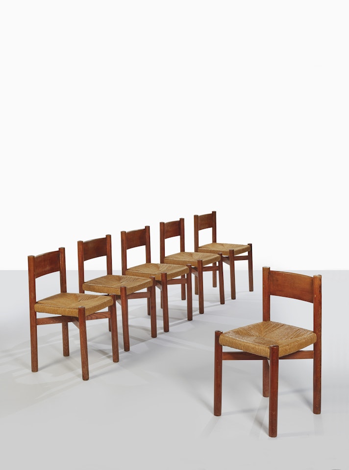 ENSEMBLE DE SIX CHAISES 'BOIS PAILLÉ', ÉDITION STEPH SIMON, VERS 1961 by Charlotte Perriand