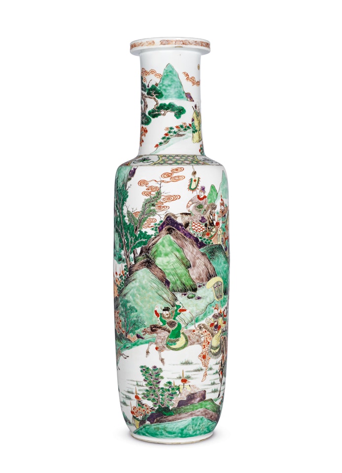 A MASSIVE AND SUPERBLY DECORATED FAMILLE VERTE ‘ROMANCE OF THREE KINGDOMS’ ROULEAU VASE by Anonymous