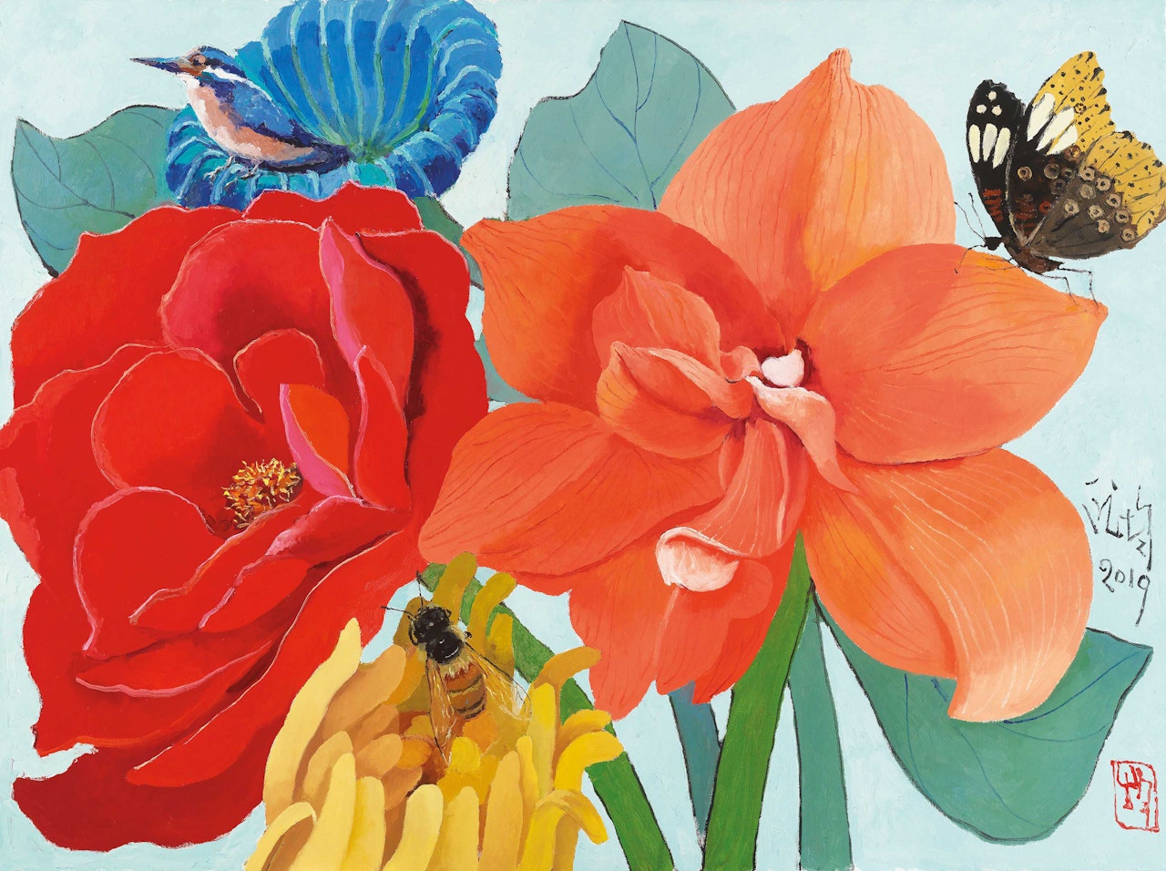 Butterfly, Bee &, Flowers by Pang Jiun