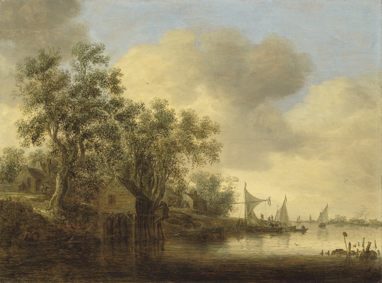 A wooded river landscape with sailing barges and rowing boats near a village by Jan van Goyen