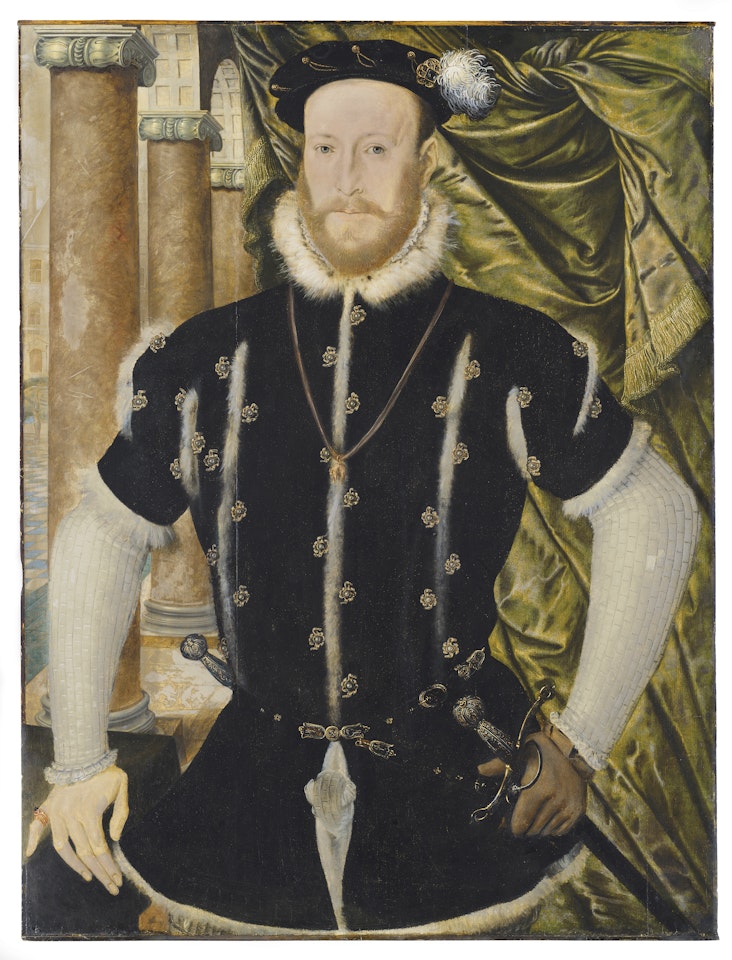 Portrait of a knight of the Order of the Golden Fleece, three-quarter-length, in a white padded doublet and a slashed black jerkin by Flemish School