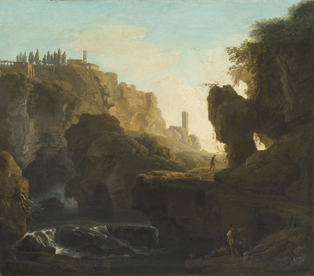 A gorge with fishermen resting by a cascade, a monastery on a cliff beyond by Claude Joseph Vernet