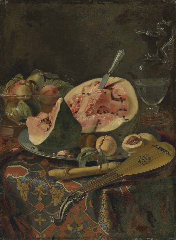 A watermelon and other fruit, with musical instruments and a glass ewer, on a draped table by Cristoforo Munari