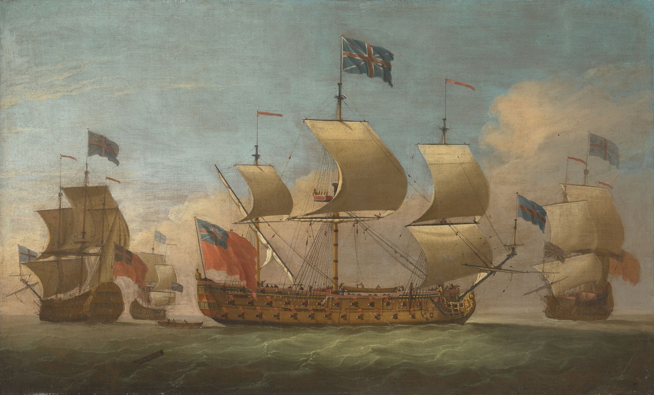 A British two-decker man-o'-war in four positions in a stiff breeze by Peter Monamy