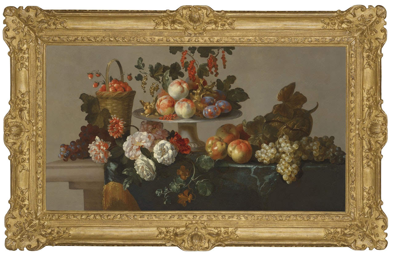 Fruit and flowers on a partially draped table by French School