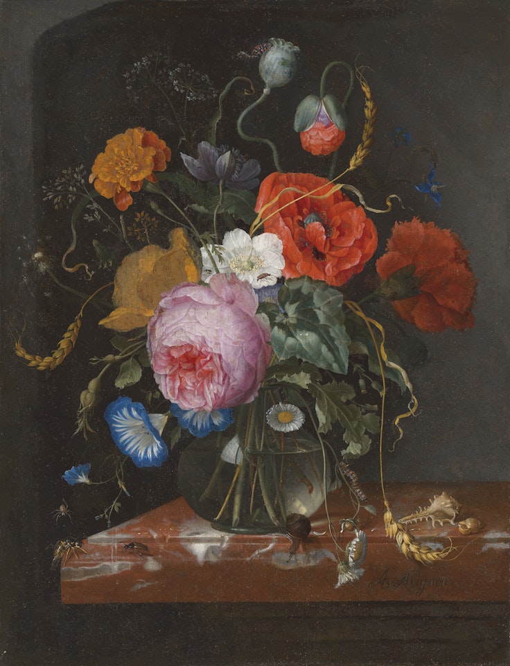 Flowers in a glass vase on a ledge, with insects amd shells by Jacob van Walscapelle