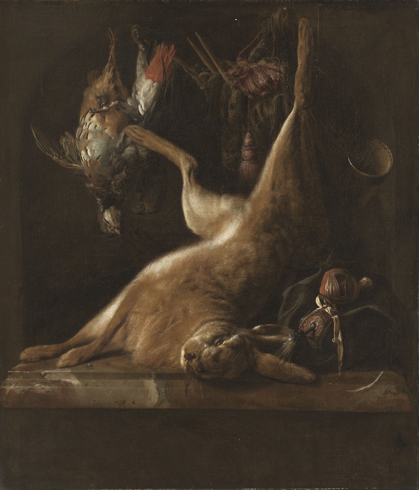 A dead hare and partridge with hawking equiptment on a ledge by Jan Weenix