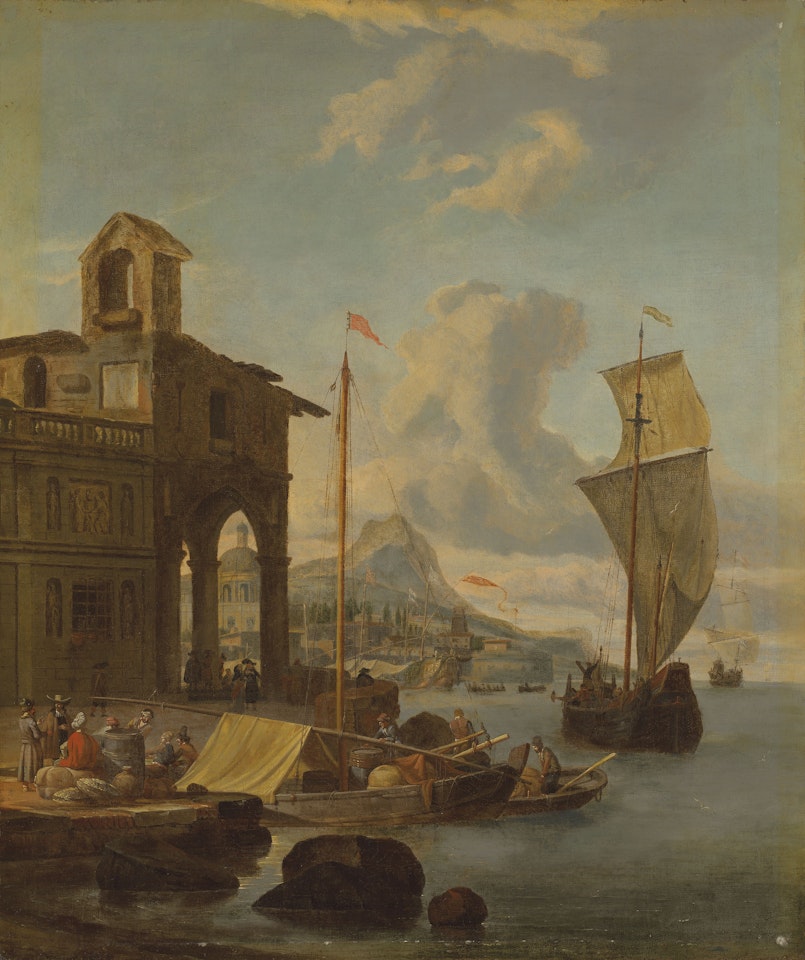 A Mediterranean harbour with figures loading cargo, a mountain beyond by Abraham Storck
