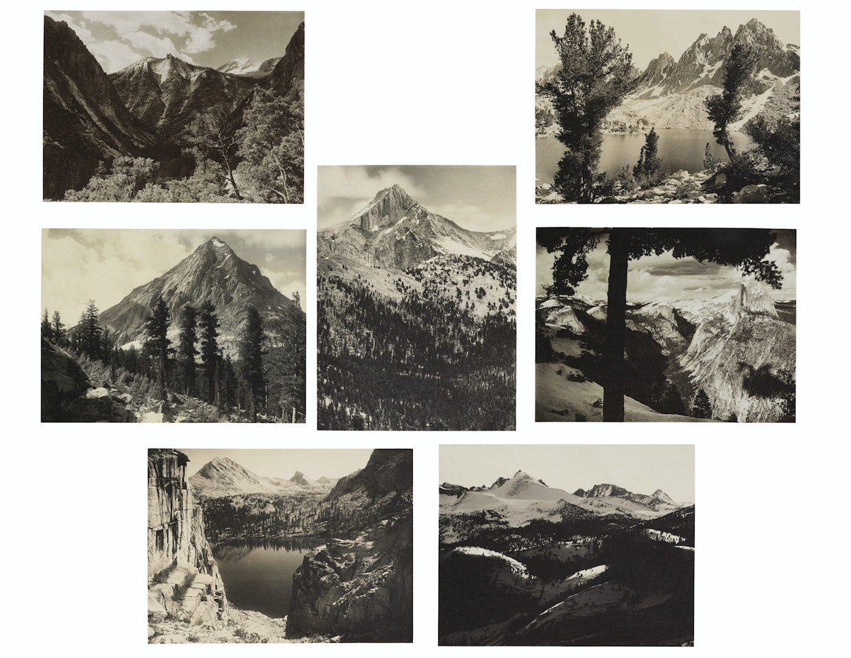 Seven images drawn from Parmelian Prints of the High Sierras, 1927 by Ansel Adams