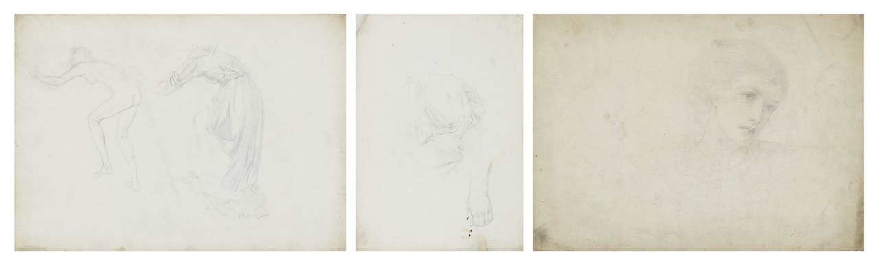 Three sheets of figure studies: A drapery study of a seated figure with a subsidiary study of a hand, a composition study for 'The Golden Stairs' (on the reverse); Two studies of a female figure leaning forwards, one nude and one clothed; and Study of a female head, possibly Frances Graham by Edward Coley Burne-Jones