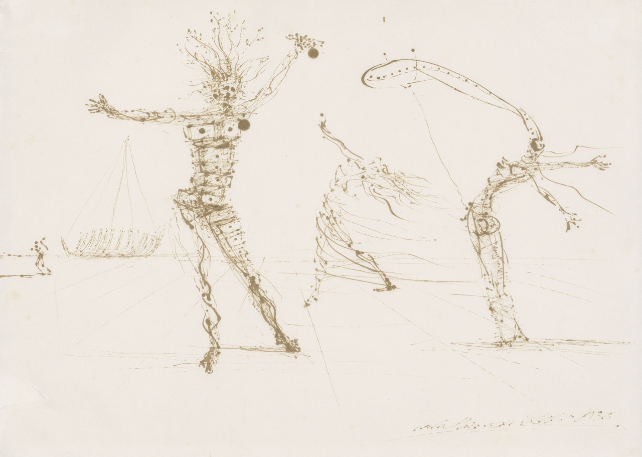 Figure aux tiroirs, trois autres figures et carcasse de bateau, danseurs pour le premier projet de ballet 'Tristan fou' by Salvador Dali