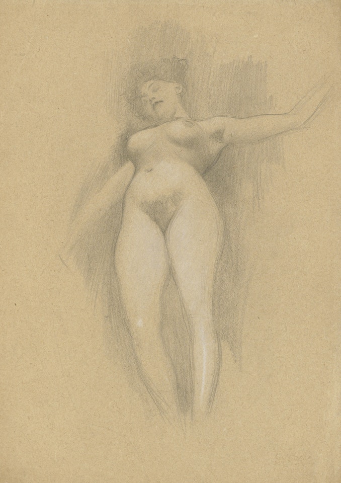 Schwebende vor dunklem Hintergrund by Gustav Klimt