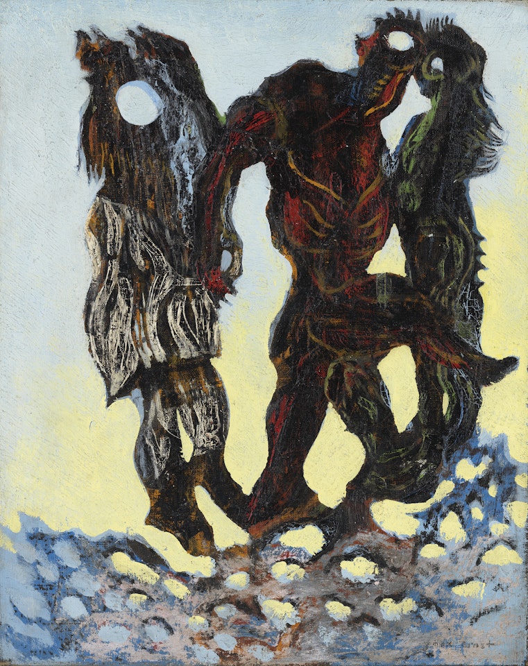 Jeune homme traversant une rivière prenant par la main une jeune fille et en bousculant une autre by Max Ernst