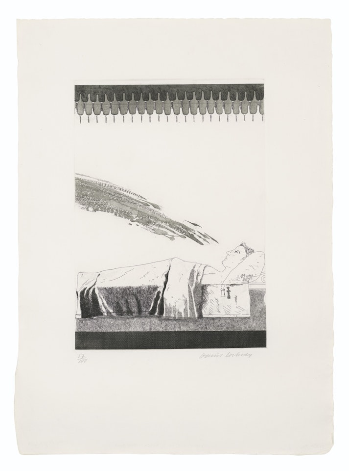 Cold Water about to hit the Prince, from: Illustration for six Fairy Tales, from the Brothers Grimm by David Hockney