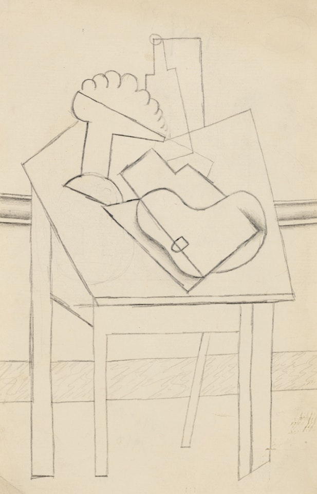 COMPOTIER ET INSTRUMENTS DE MUSIQUE SUR UNE TABLE CARRÉE by Pablo Picasso
