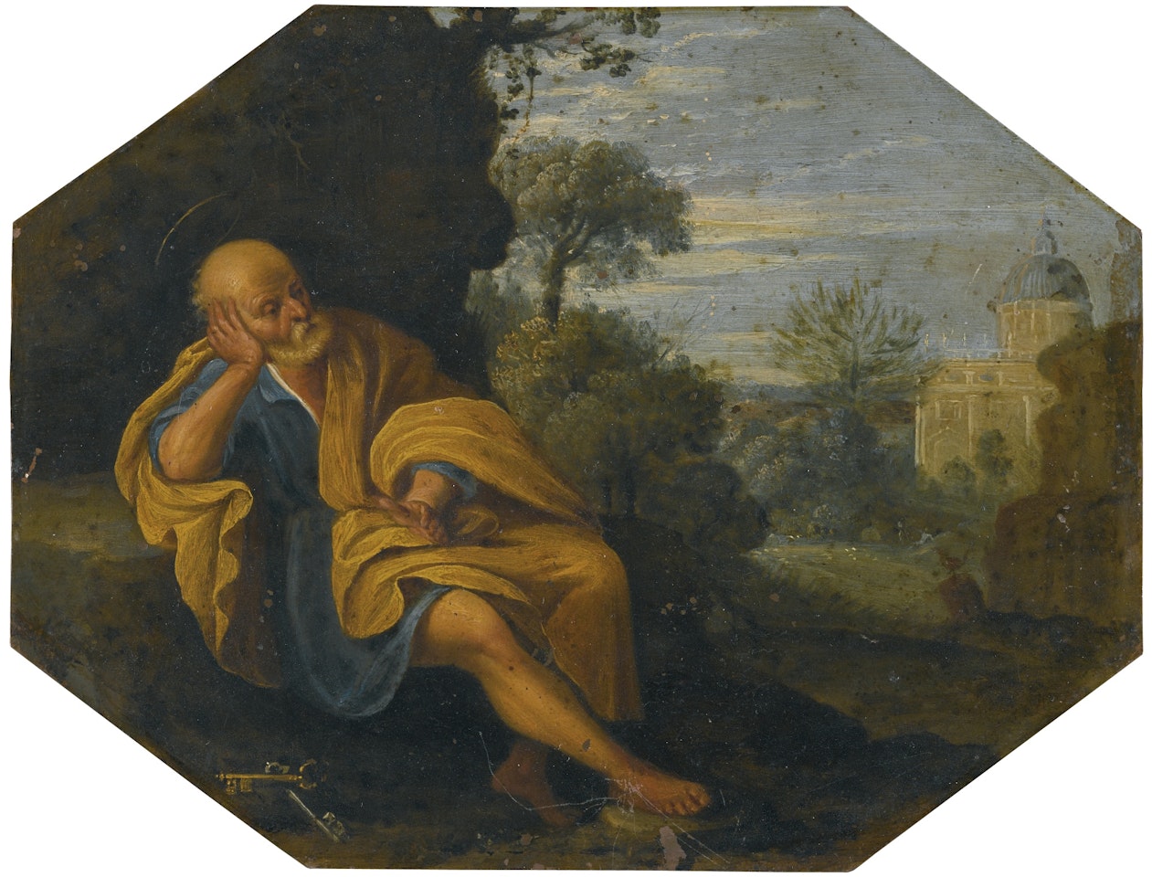 SAINT PETER RESTING IN A LANDSCAPE WITH SAINT PETER'S BASILICA, ROME BEYOND by Roman School