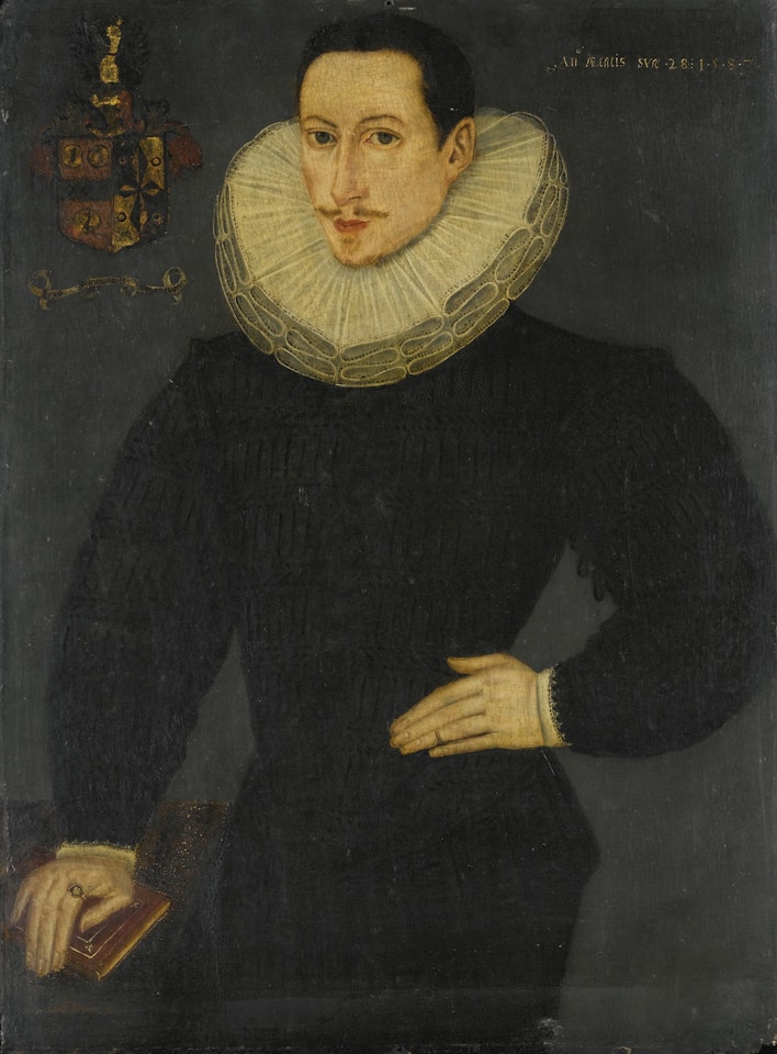 PORTRAIT OF A MEMBER OF THE HASELFOOTE FAMILY, THREE-QUARTER LENGTH, WEARING BLACK WITH A WHITE RUFF, RESTING HIS HAND ON A BOOK by English School