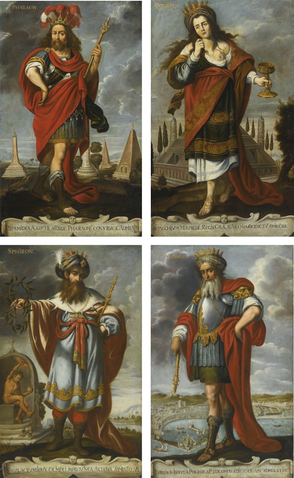 THE PHARAOH CHEOPS WITH THE GREAT PYRAMID; QUEEN ARTEMESIA WITH THE MAUSOLEUM AT HALICARNASSUS; SPHIRON WITH THE STATUE OF ZEUS; KING PTOLEMY II PHILADELPHUS WITH THE LIGHTHOUSE OF PHAROS: A SET OF FOUR PAINTINGS OFFERED TOGETHER WITH SEVEN CORRESPONDING PRINTS BY GILLES ROUSSELET. by French School