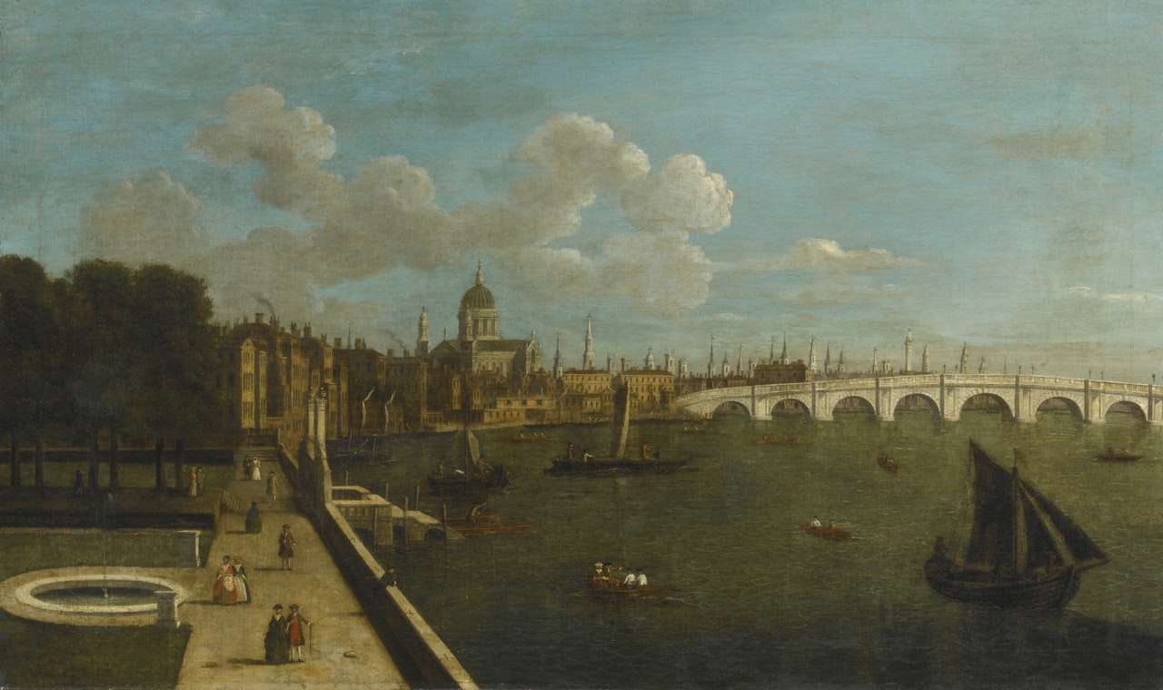 LONDON, A VIEW OF THE THAMES FROM THE TERRACE OF SOMERSET HOUSE, LOOKING TOWARDS SAINT PAUL'S CATHEDRAL AND WESTMINSTER BRIDGE by Follower of Canaletto