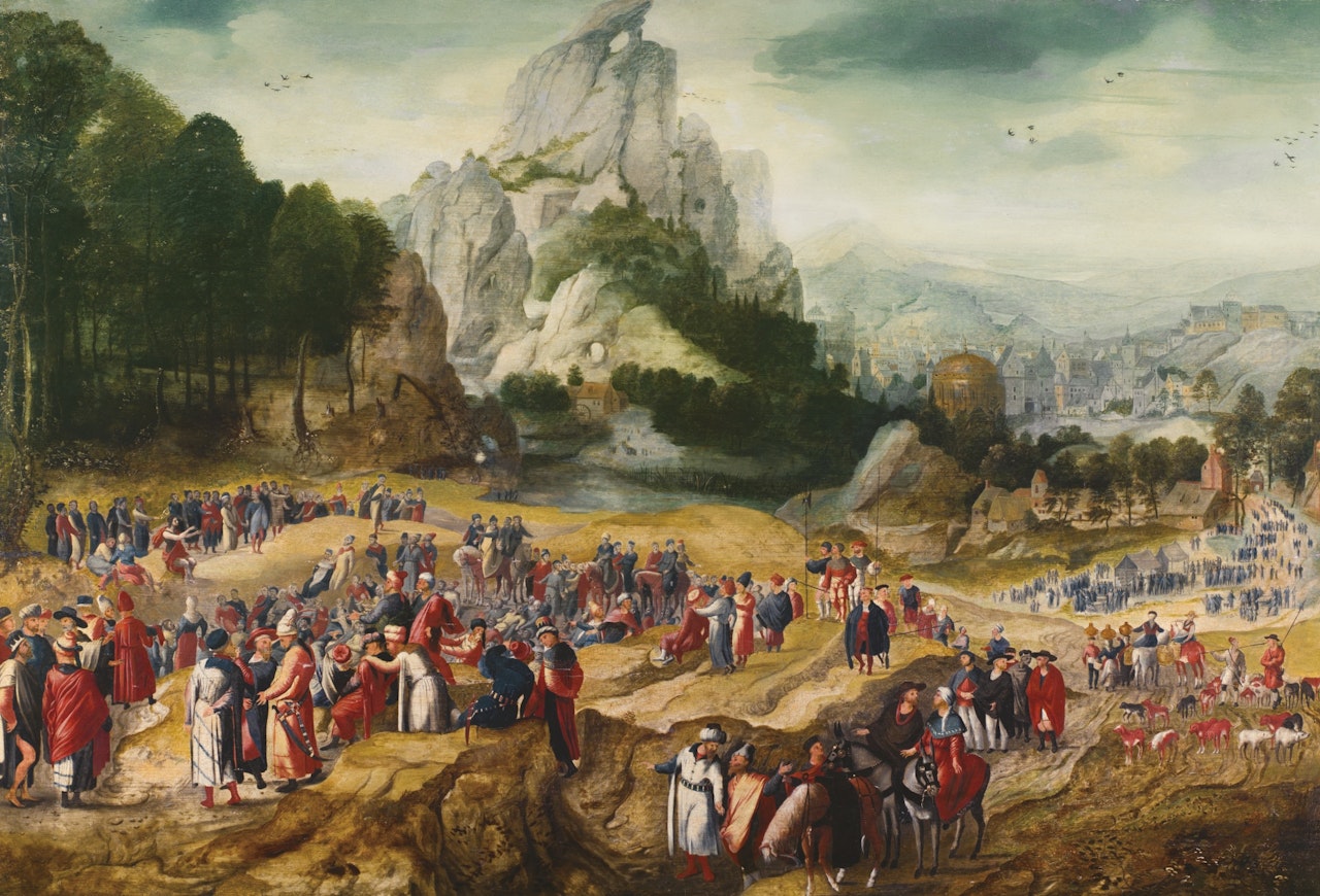 AN EXTENSIVE LANDSCAPE WITH THE PREACHING OF ST JOHN THE BAPTIST by Herri met de Bles