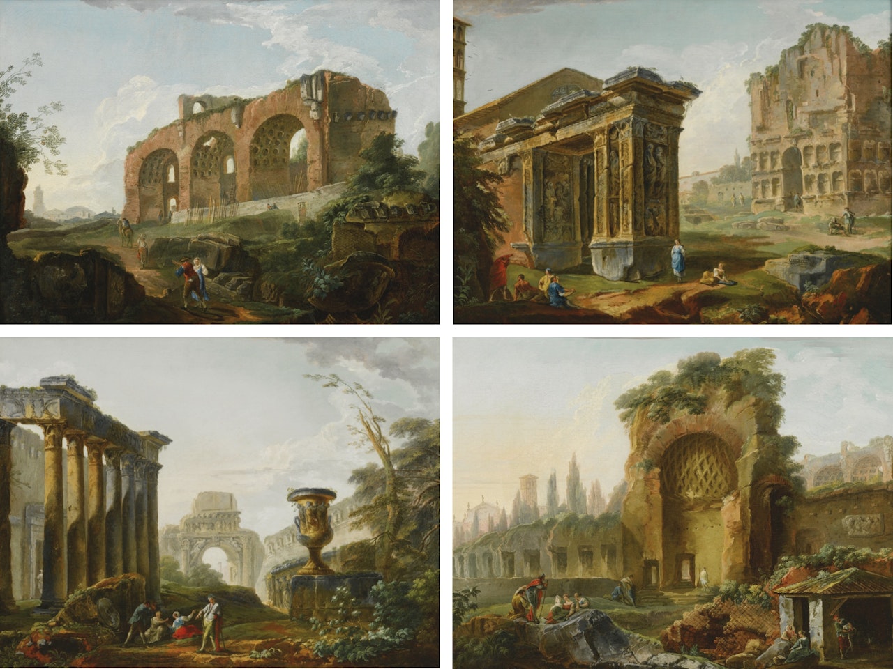ARCHITECTURAL CAPRICCIO WITH THE BASILICA OF CONSTANTINE; ARCHITECTURAL CAPRICCIO WITH THE ARCO DEGLI OREFICI NEXT TO SAN GIORGIO IN VELABRO AND THE ARCO DI GIANO; ARCHITECTURAL CAPRICCIO WITH THE TEMPLE OF FAUSTINA, THE ARCH OF TITUS AND THE WALLS OF THE FARNESE GARDENS; ARCHITECTURAL CAPRICCIO WITH THE TEMPLE OF VENUS, SAN FRANCESCO ROMANA AND THE BASILICA OF CONSTANTINE BEYOND by Hubert Robert