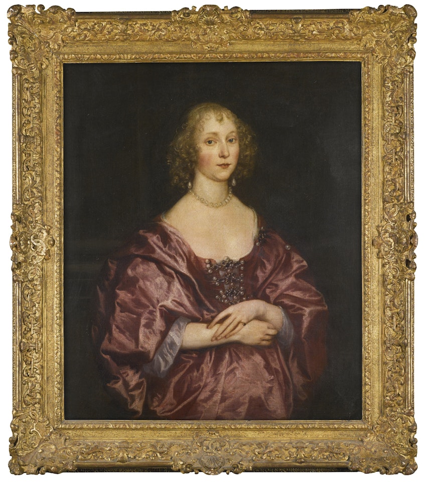 PORTRAIT OF A LADY, HALF-LENGTH, IN A RED DRESS EMBROIDERED WITH PEARLS AND DIAMONDS, WITH PEARL EARRINGS AND NECKLACE by Anthony van Dyck