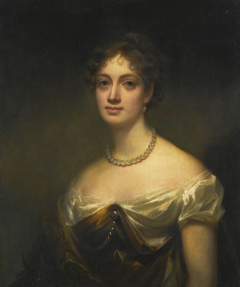 PORTRAIT OF ANNE BLAIR MACONOCHIE WELWOOD OF GARVOCK, LADY MEADOWBANK (1784–1866), HALF-LENGTH, WEARING A BROWN AND WHITE DRESS, WITH PEARL EARRINGS AND NECKLACE by Henry Raeburn